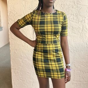 Two piece outfit black and yellow checkered shirt and skirt